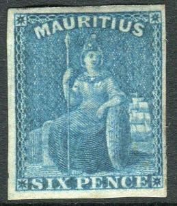 MAURITUS-1859-61 6d Blue.  A lightly mounted mint 4 margin example Sg 32