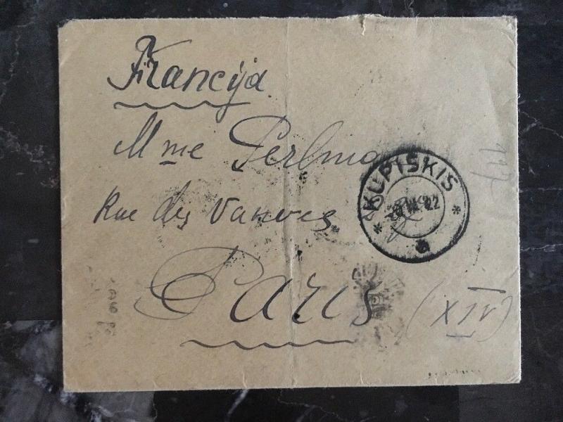 1922 Kupiskis Lithuania cover To Paris Francia Stamp #100