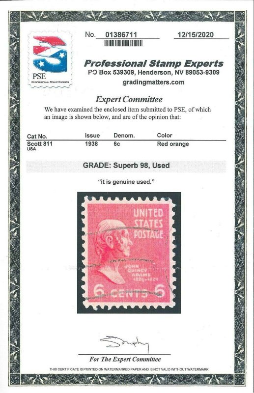 Scott 811 Used PSE Cert. Superb 98 (LB 9/21)