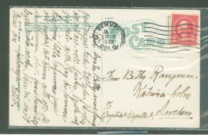 US 554 1923 International rates, post offices, Colorado; postcard of post office/Federal building, Denver CO to Sweden, corner c