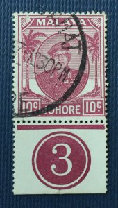 MALAYA 1949-55 JOHORE 10c Fine Used with Margin Pl 3 BATU PAHAT pmk SG#139 M4554