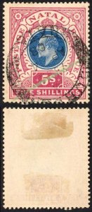 Natal SG140 5/- Postage Revenue Cat 15 pounds 4 April 1908 Durban  Pmk