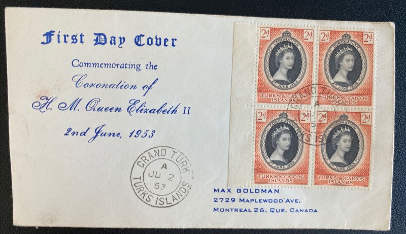 1953 Turks Island First Day Cover Queen Elizabeth 2 coronation Stamp Block