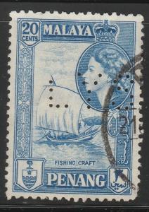 MALAYA 1957 Penang Queen Elizabeth II Definitive 20c Perfin SG#50 MA1508