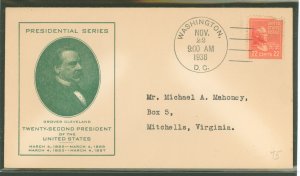 US 821 1938 22c Grover Cleveland (presidential/prexy series) single on an addressed (typed) first day cover with a progressive c