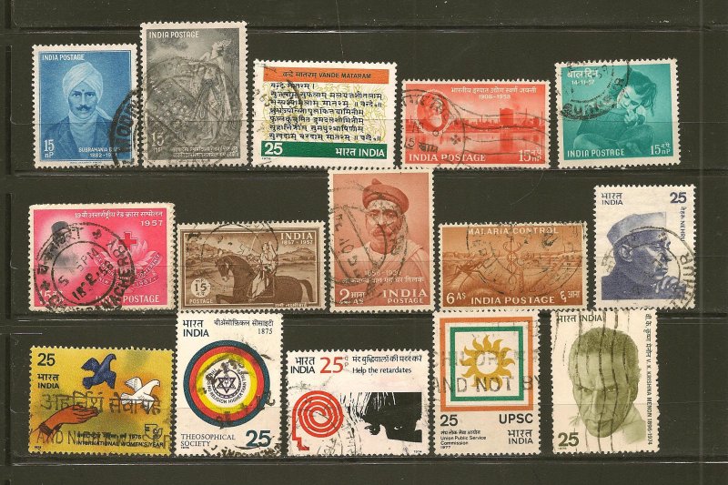 India Collection of 15 Different Old Commemorative Stamps Used