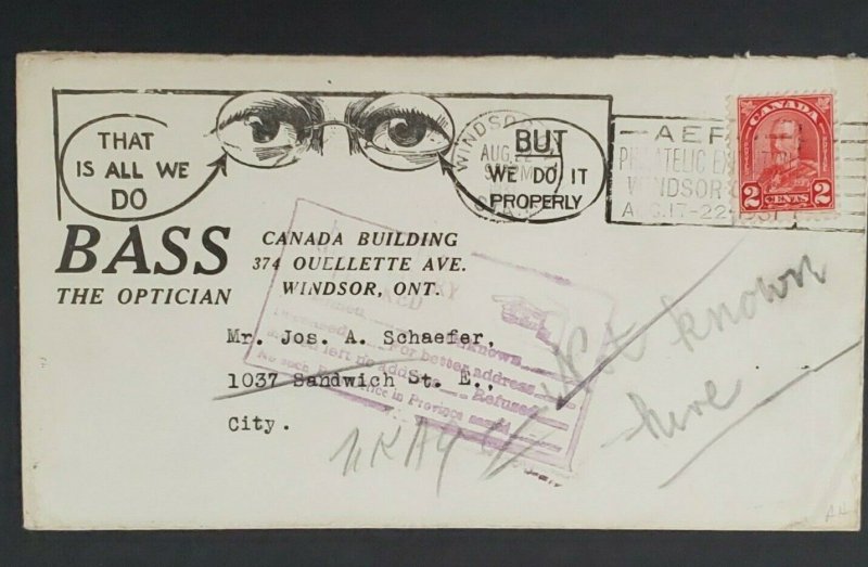 1931 Windsor Canada Returned Address Unknown Illustrated Optician Eye Ad Cover