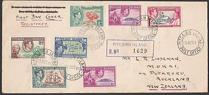 PITCAIRN 1940 GVI values to 6d on registered FDC to New Zealand............55545