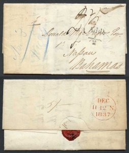 Bahamas Dec 1837 Entire from London to Nassau rated 2/3 in m/s with Add 1/2d pmk