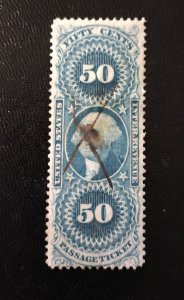 US # R61 Used 50c Passage Ticket Blue VF Revenue Stamp 1872