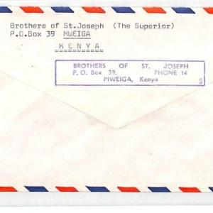 KENYA Cover Superb MISSIONARY BROTHERS *Mweiga* Cachet Air Mail MIVA CF307