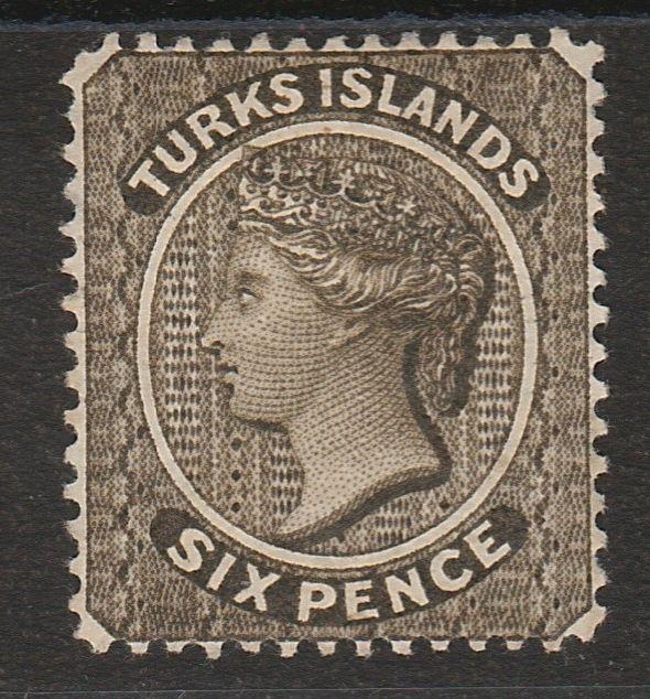 TURKS ISLANDS 1881 QV 6D OLIVE BLACK WMK CROWN CC SIDEWAYS 