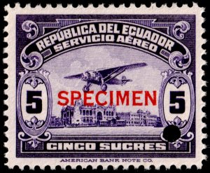 ✔️ ECUADOR 1930 / 1944 - AIR MAIL AIRPLANE - SPECIMEN & PUNCH  SC. C29 MNH [043]