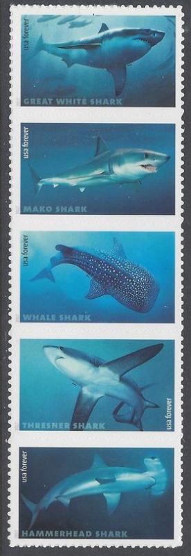 #5223-5227 (49c Forever) Sharks Vertical Strip of 5 2017 Mint NH