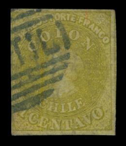 CHILE 1862 COLUMBUS  1c greenish yellow  Scott # 11b used VF  INUTIL cancel