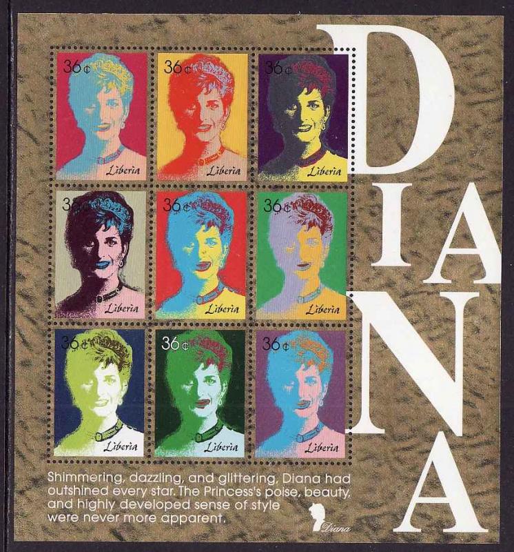 D2-Liberia-unused NH sheet of 9-Royalty-Princess Diana-1961-