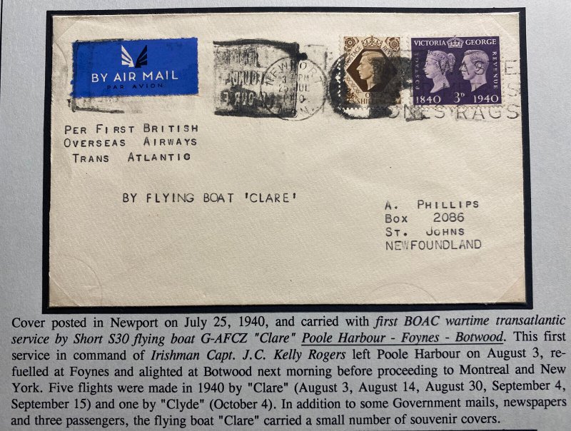 1942 England Airmail First Wartime Trans Atlantic Flight Cover to Newfoundland