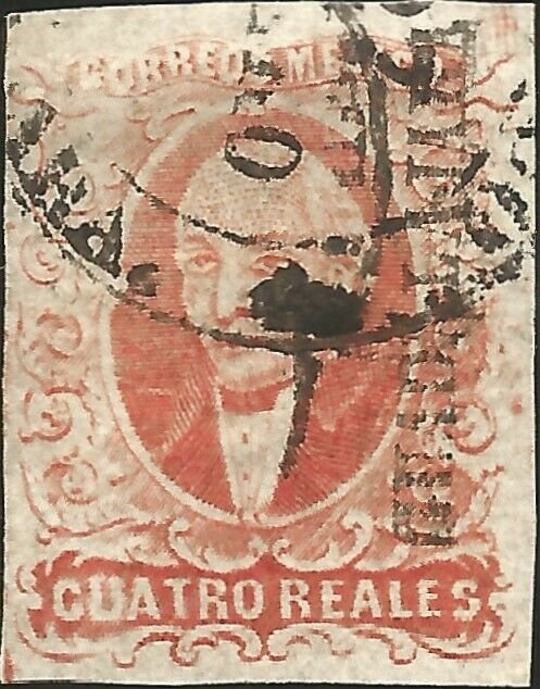 J) 1856 MEXICO, HIDALGO, GUADALAJARA DISTRICT, 4 REALES RED, CIRCULAR CANCELLATI