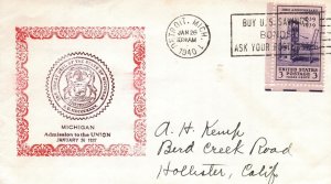 CACHET COVER COMMEMORATING MICHIGAN'S ADMISSION TO UNION CANCELLED DETRIOT 1940