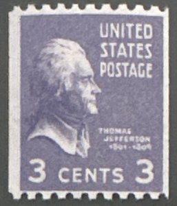 Scott #851 1939 3¢ Presidential Series Thomas Jefferson perf. 10 horizontally