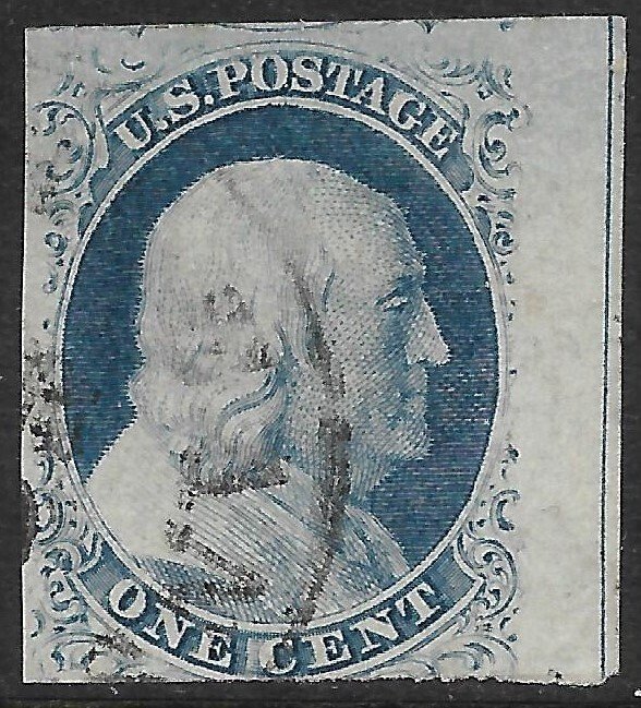 Doyle's_Stamps: Crisp Used 1852 1c Guideline Imperf Franklin, Scott #9