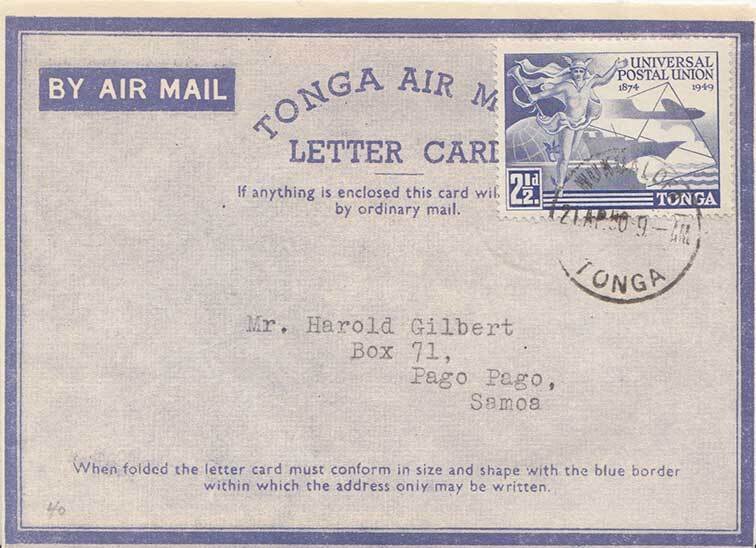 Tonga 2 1/2d Universal Postal Union 1950 Nukualofa, Tonga Airmail Letter Card...