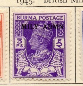 Burma 1945 Early Issue Fine Mint Hinged 3p. Optd 052112