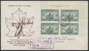 1949 #282 Newfoundland FDC Plate Block Caribou Cachet Registered Toronto Stn E