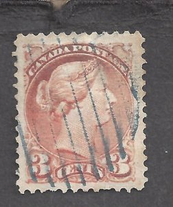CANADA #37 VF USED 3c PALE ORANGE-RED SMALL QUEEN BLUE THIN GRID CANCEL BS27565
