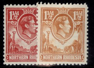 NORTHERN RHODESIA GVI SG29 + 30, 1½d COLOUR VARIETIES, M MINT. Cat £50.