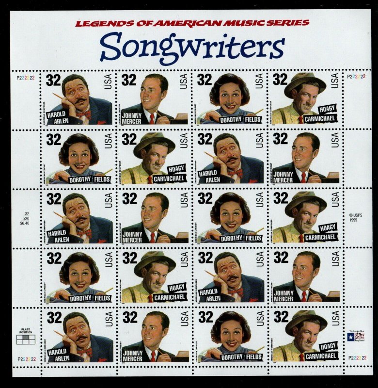 ALLY'S STAMPS US Block Scott #3100-3 32c Songwriters [20] MNH [FP-18]