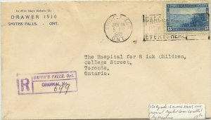 Smith's Falls Ont. Registered 13c single use Pictorial issue 1939 cover Canada
