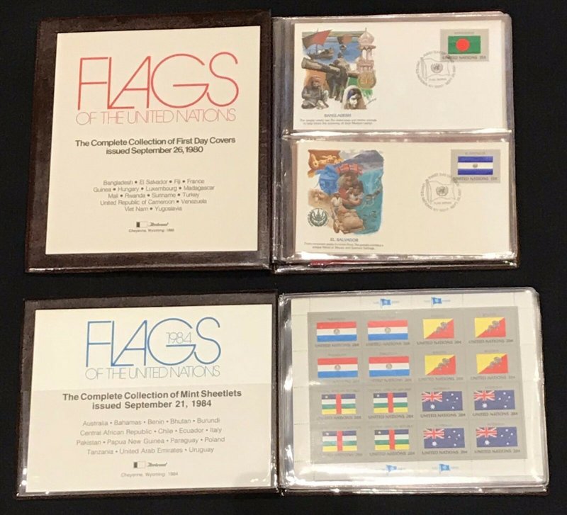 UN Flags of the UN 1980 First Day Covers & 1984 Mint Sheets w/ Official Binders 