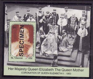 St Vincent-Sc#1335- id5-unused NH Specimen sheet-Queen Mother-90th Birthday-1990