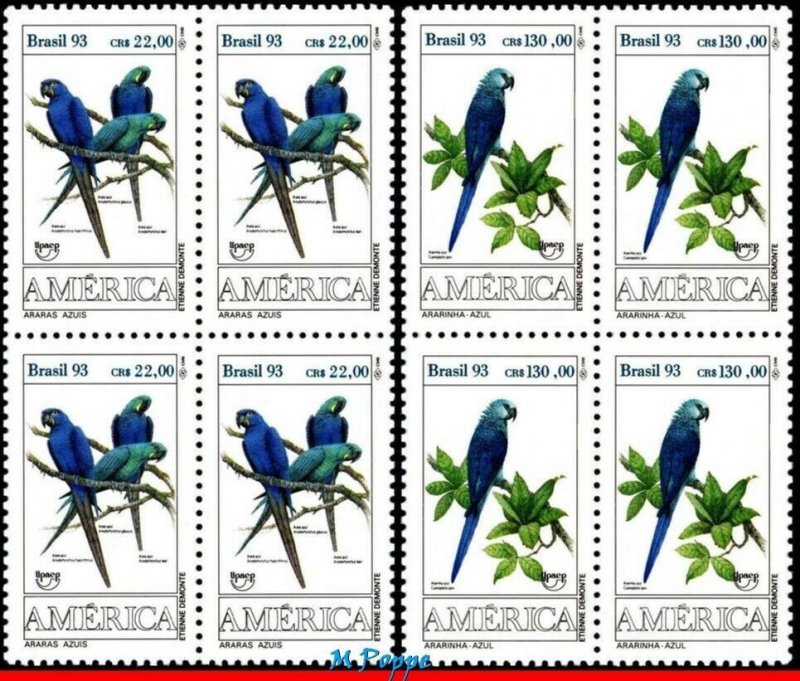 2423-24 BRAZIL 1993 PARROTS, AMERICA ISSUE, UPAEP, BIRDS, MI# 2548-49, BLOCK MNH