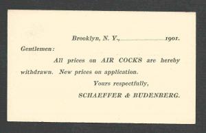 DATED 1901 SCHAEFFER&BUDENBURG NY NEW PRICE LISTS FOR AIR COCKS, UNPOSTED