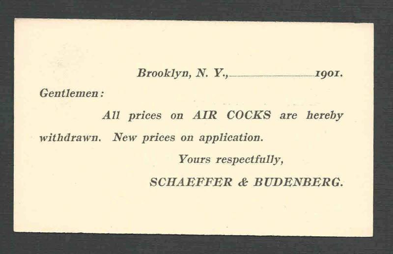 DATED 1901 SCHAEFFER&BUDENBURG NY NEW PRICE LISTS FOR AIR COCKS, UNPOSTED