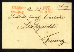 AUSTRIA 1841 PART PAID ENTIRE LINZ to FREISING BAVARIA GERMANY Border Marks