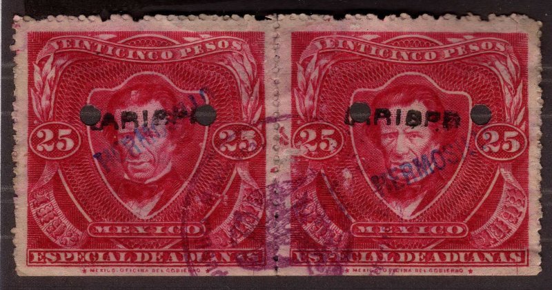 1893 Mexico, 25P, Especial De Aduanas Revenue stamps pair, Hermosillo