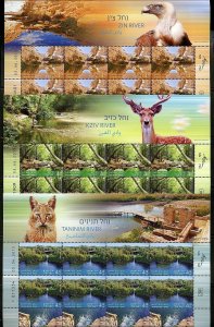 ISRAEL 2015 RIVERS  SET OF THREE DECORATIVE SHEETS OF EIGHT STAMPS EACH  MINT NH