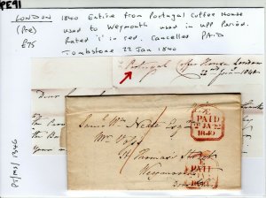 GB Cover London EL ex *PORTUGAL COFFEE HOUSE* UPP Period Weymouth 1840 PE91 