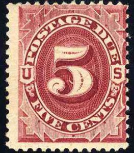 United States, Postage Dues #J25 Cat$110, 1891 5c bright claret, lighty hinged