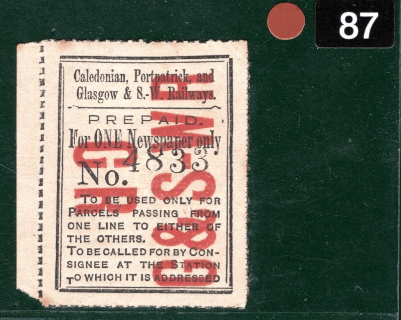 GB Scotland CP&G&SWR RAILWAY 1 Newspaper Stamp Caledonian Portpatrick MM BROWN87