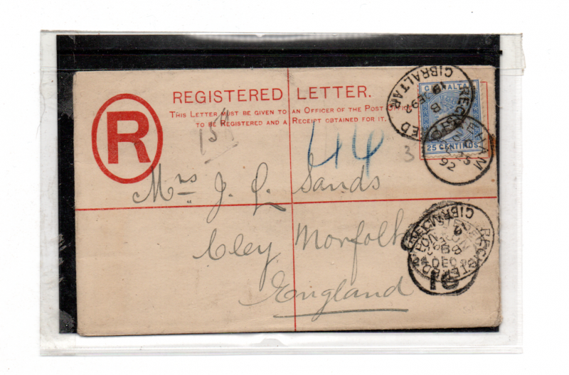 GIBRALTAR 1892 REGISTERED COVER TO ENGLAND