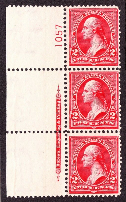 US 279b 2c Washington Left Side Plate #1057 Strip of 3 Mint VF OG NH SCV $85