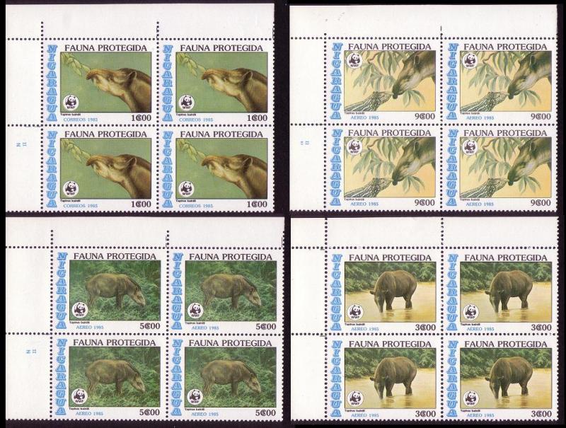 Nicaragua WWF Central American Tapir 4 Corner Blocks with margins SG#2714-2717