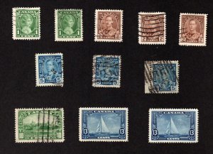 Canada 11 used KGV Silver Jubilee Issue stamps Scott #211-216