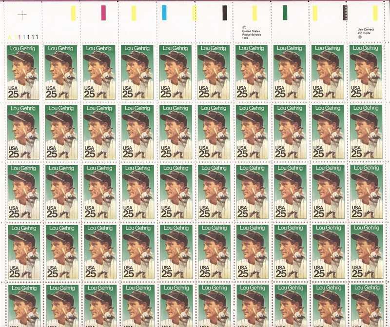 US Stamp - 1989 Baseball Lou Gehrig - 50 Stamp Sheet - Scott #2417