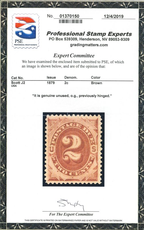 USA Scott# J2 MINT OG PSE Certificate SCV $450 (54246)