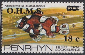 Penrhyn 1978 MH Sc #O9 O.M.H.S. on 18c on 60c Plectorhynchus chaetodonoides Fish